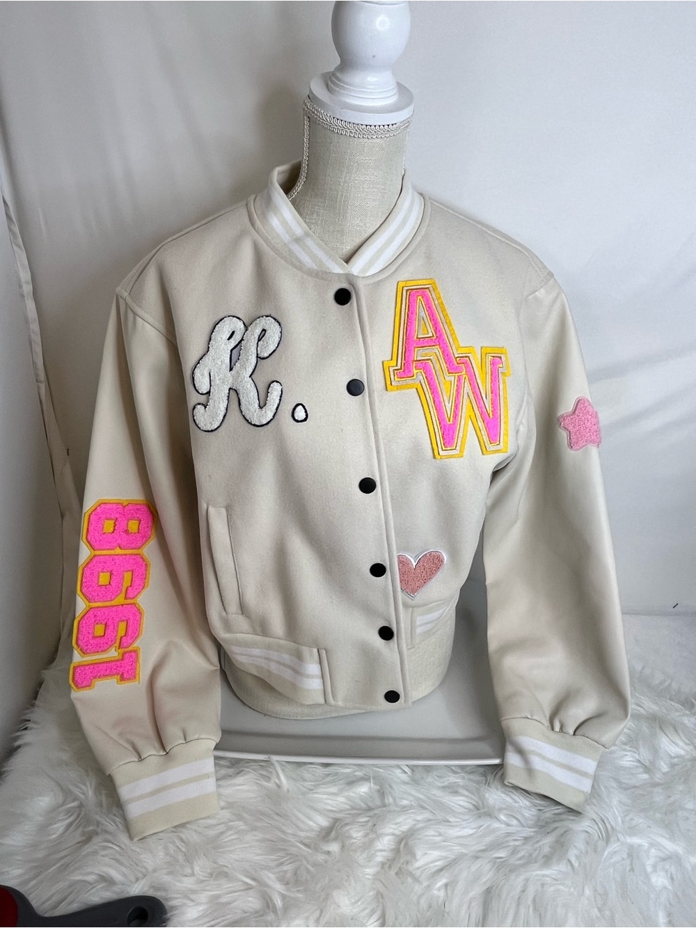 Cream Varsity Jacket with Pink & Yellow Patchwork - Picture 11 of 13
